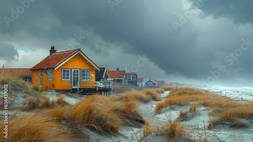 In the Netherlands, little beach houses line the beach at Wijk aan Zee. photo