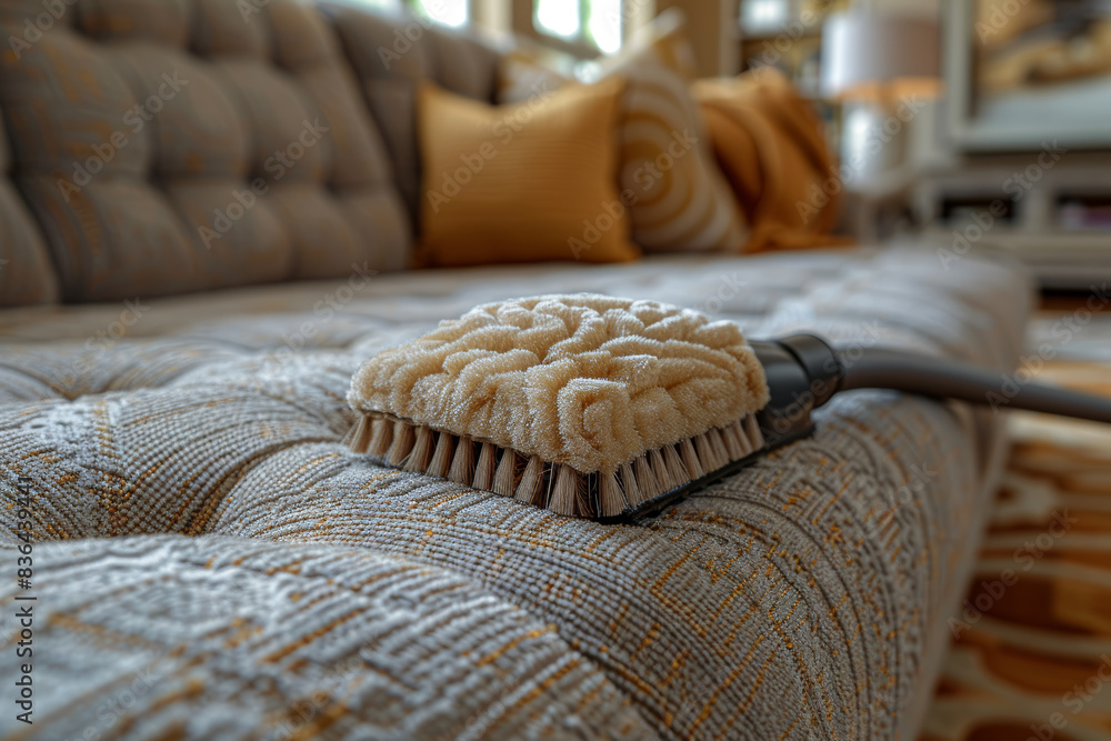 Picture of Upholstery brush attachment being used to vacuum dust from a plush sofa ...