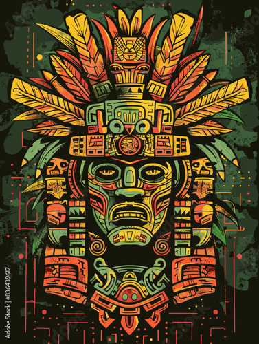 A colorful, abstract painting of a man with a headdress and a mask. The painting has a tribal or exotic feel to it