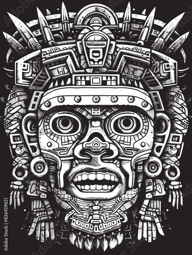 Aztec vector illustration. A man's face with a mask on it. The man's face is very scary and has a lot of detail