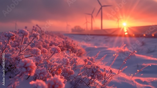 The solar panels are covered in frost currently producing no power. In the background you can see wind turbines. photo