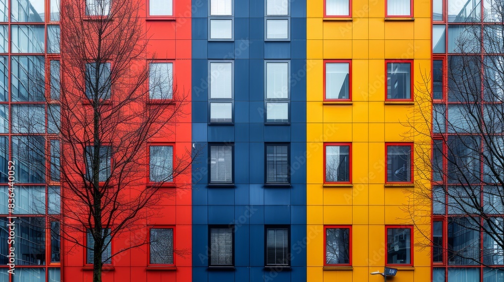 Almere, The Netherlands - January 30, 2018: Colorful facades of La Defense contemporary offices Almere, The Netherlands - January 30, 2018: Colorful facades of La Defense contemporary offices