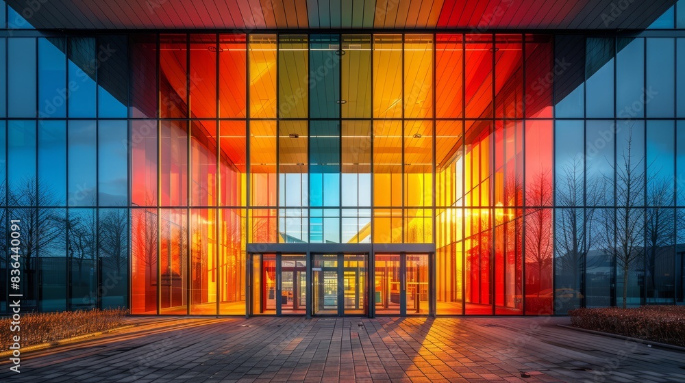 The Netherlands - January 30, 2018: A colorful reflective facade greets visitors to La Defense, a modern office building. The Netherlands - January 30, 2018: A colorful reflective facade greets visitors to La Defense, a modern office building.