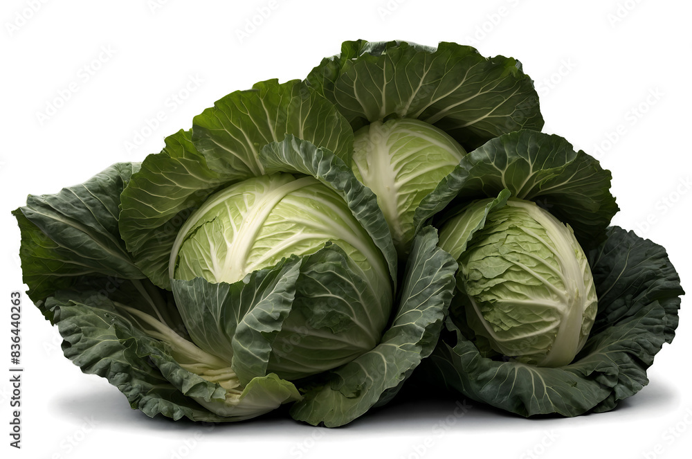 Three fresh green cabbages presented on a white background, png, showcasing their natural, leafy layers in a transparent manner Three fresh green cabbages presented on a white background, png, showcasing their natural, leafy layers in a transparent manner