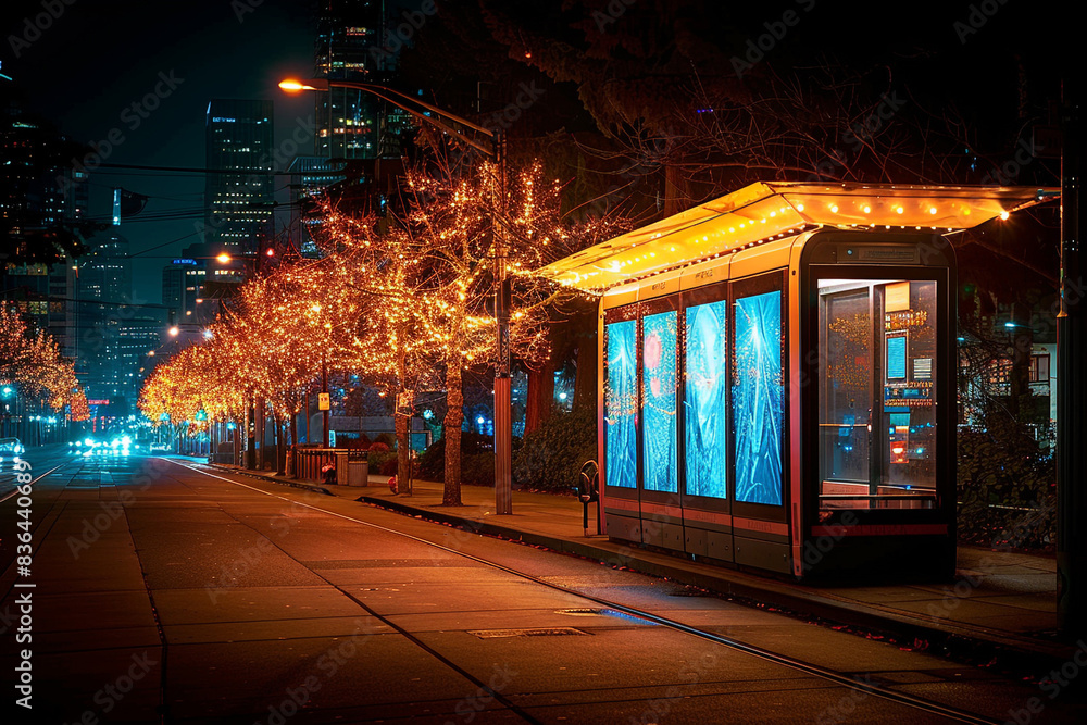 Obraz premium lluminated blank digital billboard at a city bus stop at night, surrounded by urban lights-2