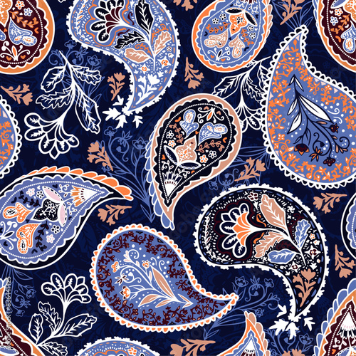Cute floral paisley seamless repeat pattern with shadow dark blue background. Random placed, vector retro, heritage elements aop all over surface print. 