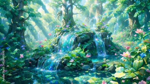 An enchanting enchanted forest with towering ancient trees, sunlight filtering through the dense foliage, a mystical waterfall cascading into a crystal-clear pool, vibrant flowers blooming on the fore