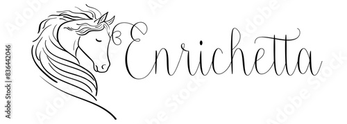 Enrichetta - black color - name written - vector graphics with stylized horse with heart - for websites, greetings, banners, cards, tag, t-shirt, sweatshirt, prints, cricut, silhouette, scrapbooking 