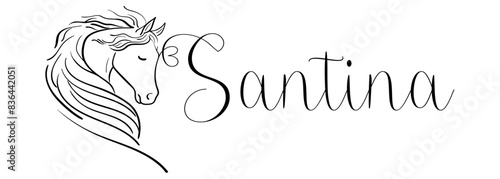 Santina - black color - name written - vector graphics with stylized horse with heart - for websites, greetings, banners, cards, tag, t-shirt, sweatshirt, prints, cricut, silhouette, scrapbooking 
