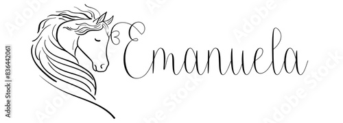 Emanuela - black color - name written - vector graphics with stylized horse with heart - for websites, greetings, banners, cards, tag, t-shirt, sweatshirt, prints, cricut, silhouette, scrapbooking 