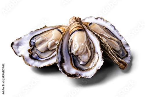 Three open oysters with their meat exposed, isolated on a white transparent, png, background, great for seafood themes photo