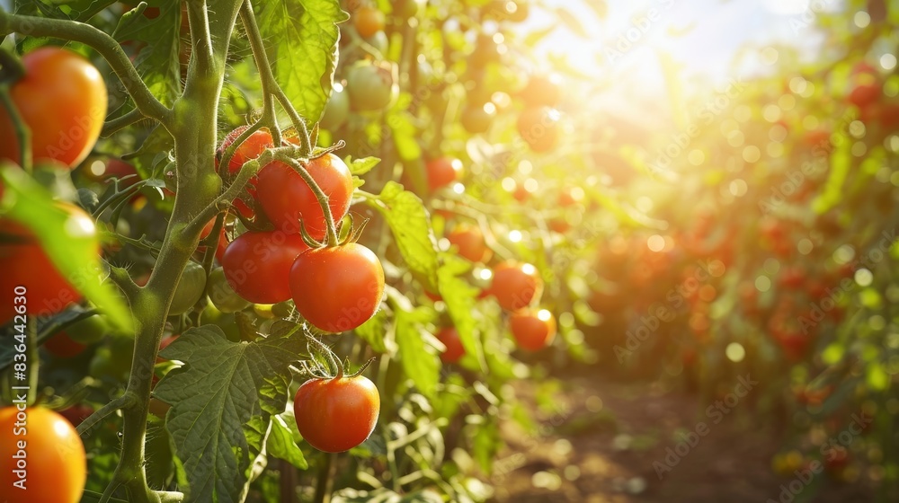 Bountiful tomato garden with vines heavy with ripe red tomatoes illuminated by sunlight Bountiful tomato garden with vines heavy with ripe red tomatoes illuminated by sunlight