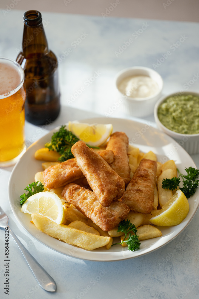 fish and chips with ale beer, tartar and mushy peas fish and chips with ale beer, tartar and mushy peas