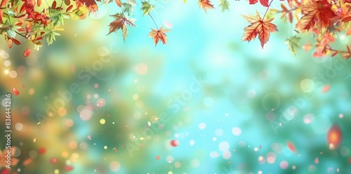 Autumn background with bokeh and empty space for design  autumn leaves border on blurred nature background