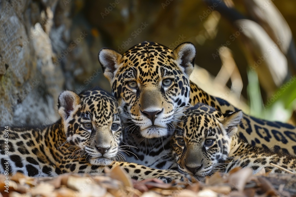 Obraz premium High quality jaguar family photo. two young cubs with mother in their natural habitat