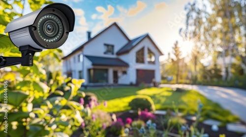 A surveillance camera looking out over a modern country house with a beautiful landscaped garden highlights the integration of technology and home security in a quiet residential area