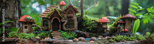 enchanting fairy garden with miniature houses and whimsical decor, featuring a brown tree, red roof, and green leaf photo