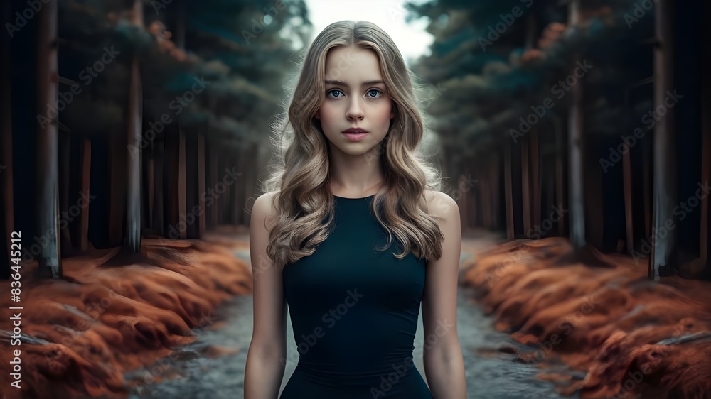 Fototapeta premium Portrait of a beautiful young woman wearing a tight black dress