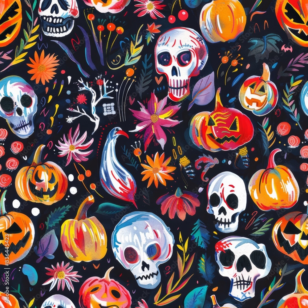 Halloween seamless pattern with skulls, Jack-o'-lanterns, flowers, and spooky elements. Colored pencil illustration on dark background. Festive and vibrant design.
Halloween seamless pattern with skulls, Jack-o'-lanterns, flowers, and spooky elements. Colored pencil illustration on dark background. Festive and vibrant design.