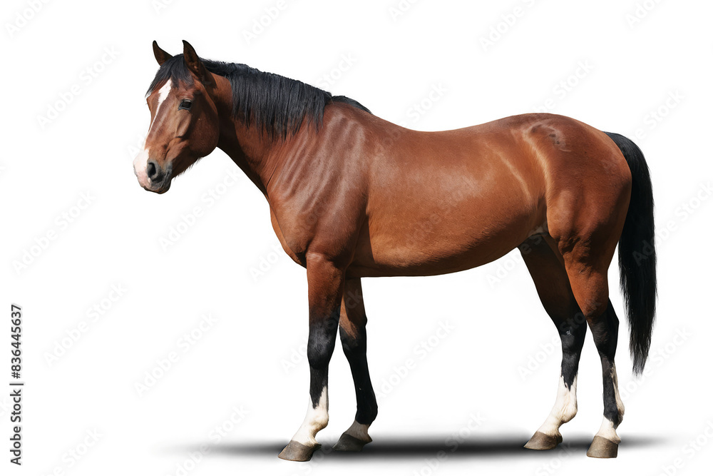 Full side view of a majestic brown horse with a black mane against a transparent, white background in png format Full side view of a majestic brown horse with a black mane against a transparent, white background in png format