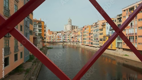 Colourful houses and Gerona Cathedral, Onyar river, Girona, Catalonia, Spain