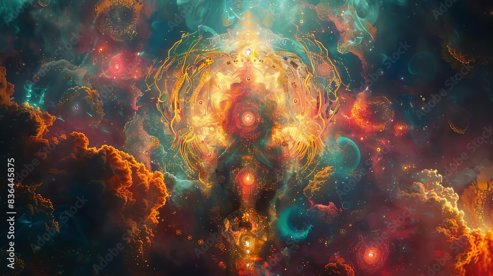 Obraz premium Religious ritual with glowing symbols, Fantasy, Dark and vibrant colors, Digital art, Highlighting ancient practices with modern elements
