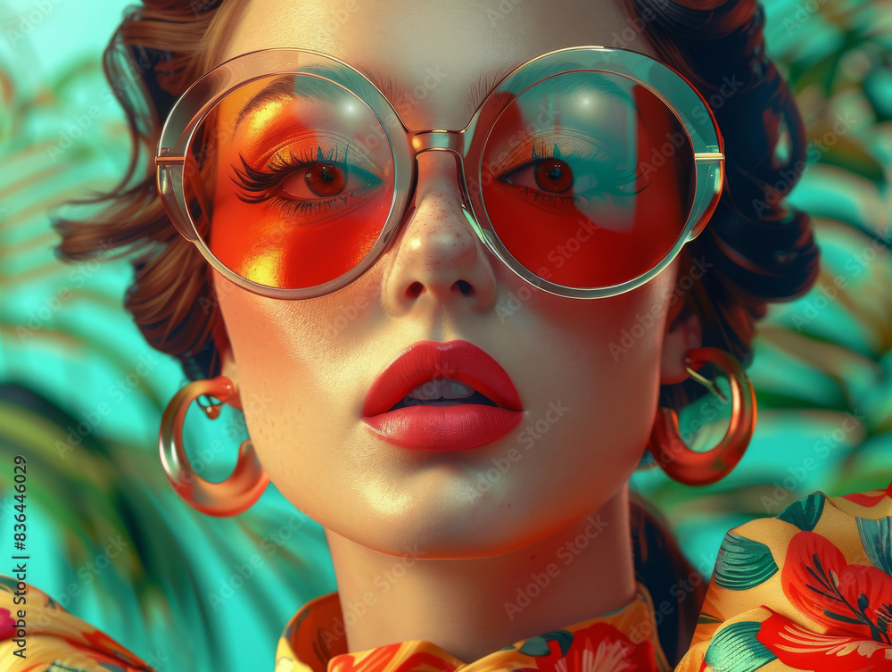 Obraz premium Retro style pastel colors summer background. Fashion woman wearing big sunglasses.