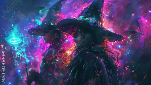 Witches casting spells with holographic runes, Fantasy, Dark and vibrant hues, Digital painting, Combining magic with advanced technology photo
