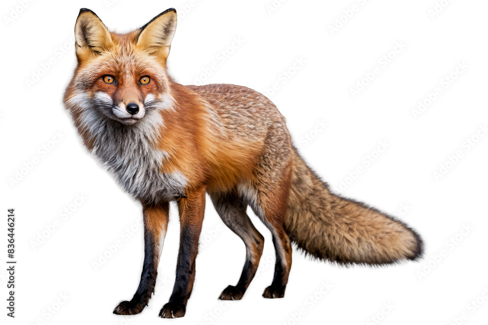 A red fox stands in a side pose, showing its furry texture on a transparent, white background, png A red fox stands in a side pose, showing its furry texture on a transparent, white background, png