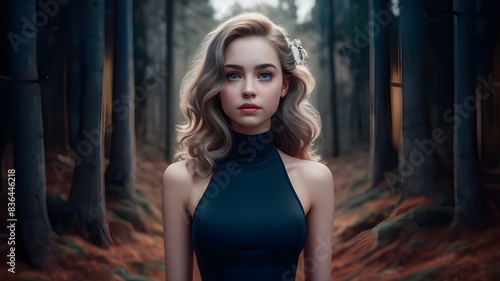 Portrait of a beautiful young woman wearing a tight black dress