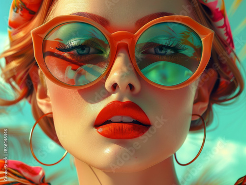 Retro style pastel colors summer background. Fashion woman wearing big sunglasses. © VertigoAI