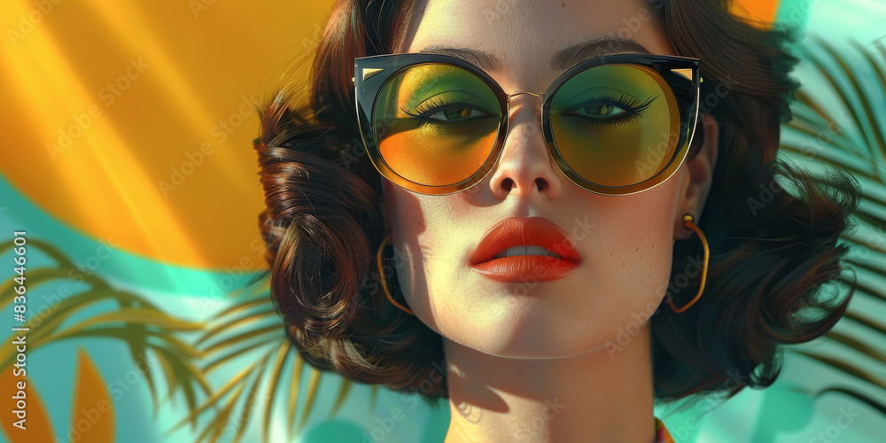 Retro style pastel colors summer background. Fashion woman wearing big sunglasses. Retro style pastel colors summer background. Fashion woman wearing big sunglasses.