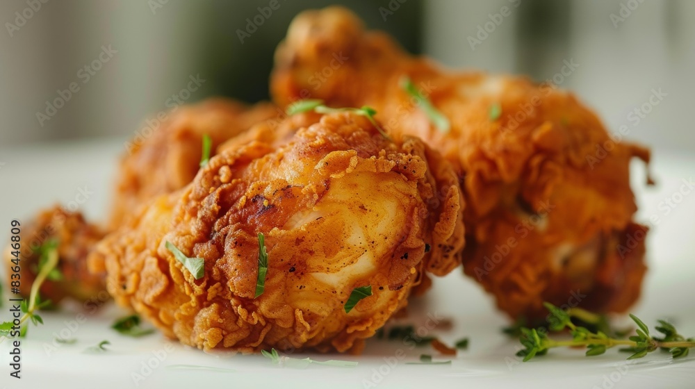 A close up of fried chicken with herbs on a white plate, AI A close up of fried chicken with herbs on a white plate, AI