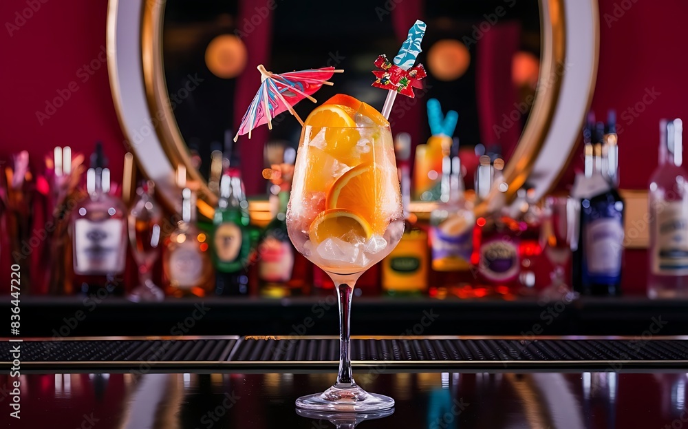 Cocktail with orange and ice on a bar counter background Cocktail with orange and ice on a bar counter background