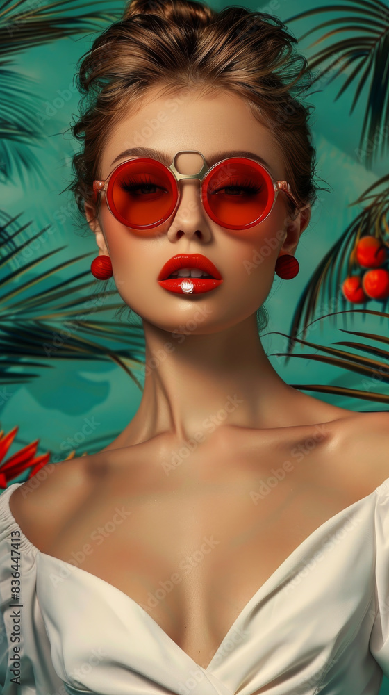 Fototapeta premium Retro style pastel colors summer background. Fashion woman wearing big sunglasses.