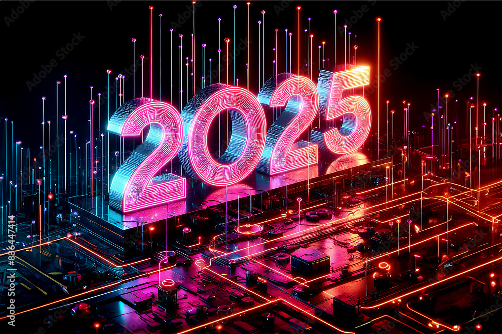 New Year Futuristic Neon 2025 Signage, Glowing 2025 on Digital Grid