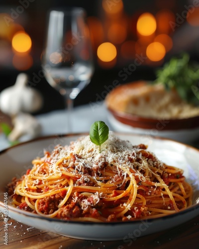 Spaghetti Bolognese topped with grated cheese and basil. Food photography for culinary and recipe design.