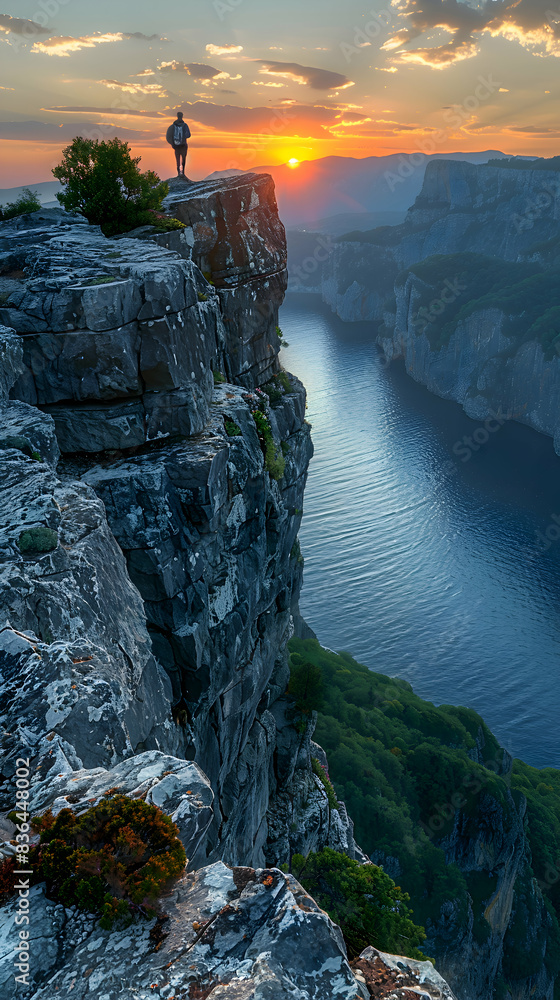Obraz premium A nature mountain range scene with a hiker standing on a cliff edge, the sun setting in the background