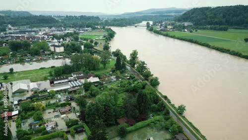 Flooded houses and buildings near river Rhein after rain in Waldshut, Germany photo