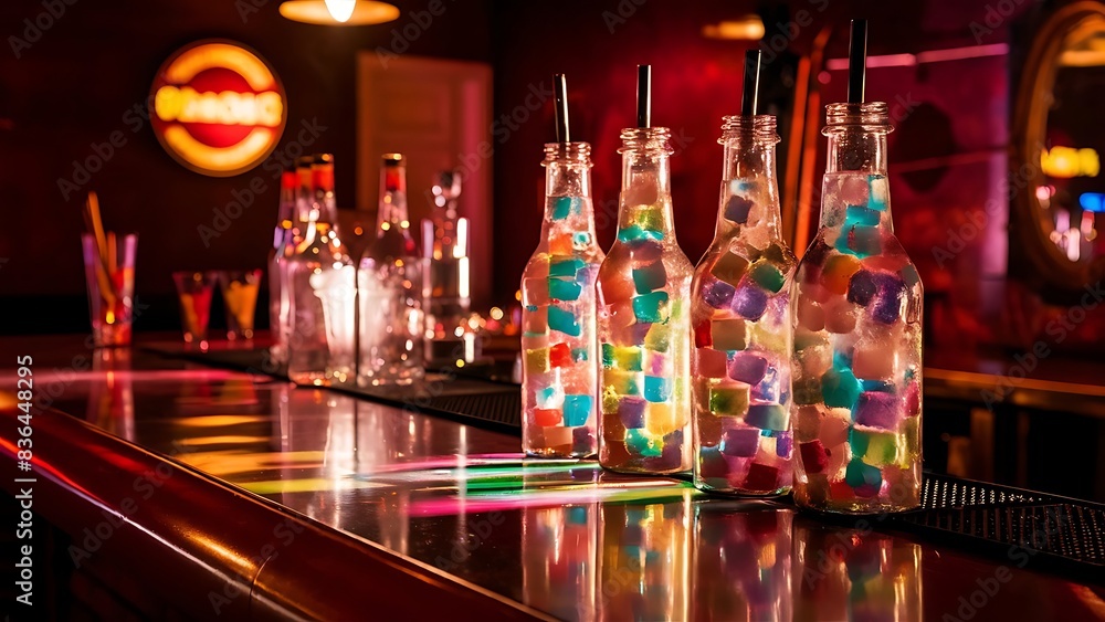 Colorful ice cubes in glass bottles on bar counter at night Colorful ice cubes in glass bottles on bar counter at night