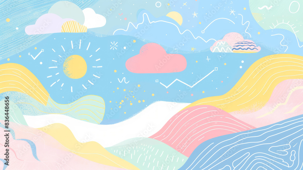  Pastel Abstract Landscape Art - Whimsical and Playful Illustration with Soft Colors and Creative Patterns. Beautiful background or wallpaper.