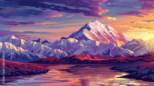 Denali National Park, Alaska. Majestic Sunset Over Snow-Capped Mountain Range - Vibrant Digital Illustration of Serene Alpine Landscape with Tranquil Waters and Dramatic Sky. Comic style illustration. photo