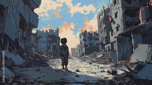  Illustration of a Child Standing Alone in a War-Torn City Amidst Ruined Buildings and Destruction in a Post-Apocalyptic Urban Landscape. 