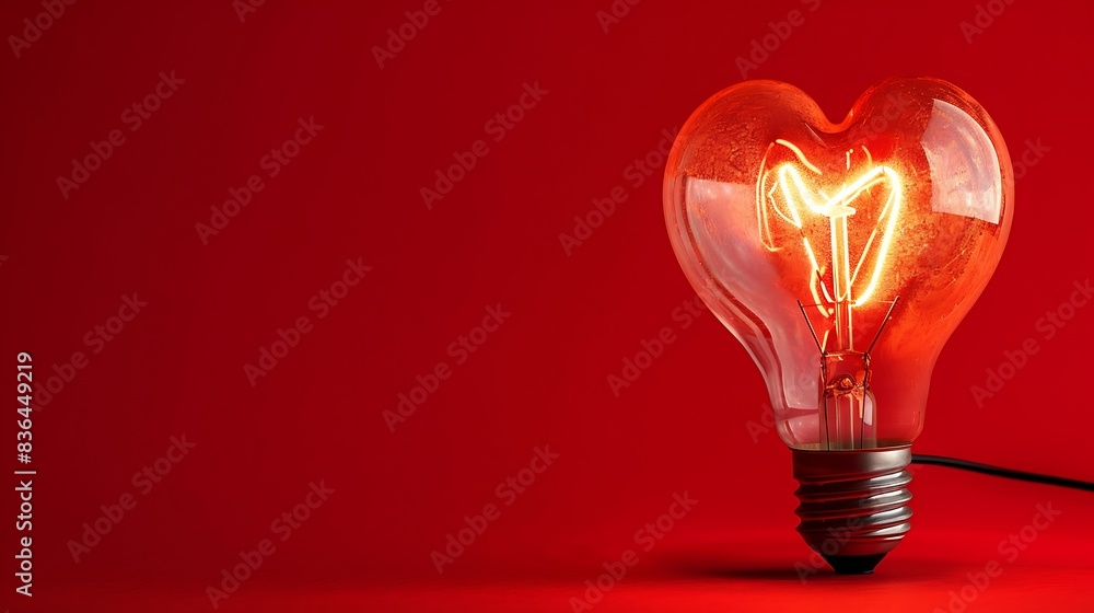 Light bulb radiating love with a heart-shaped filament on red backdrop. Light bulb radiating love with a heart-shaped filament on red backdrop.