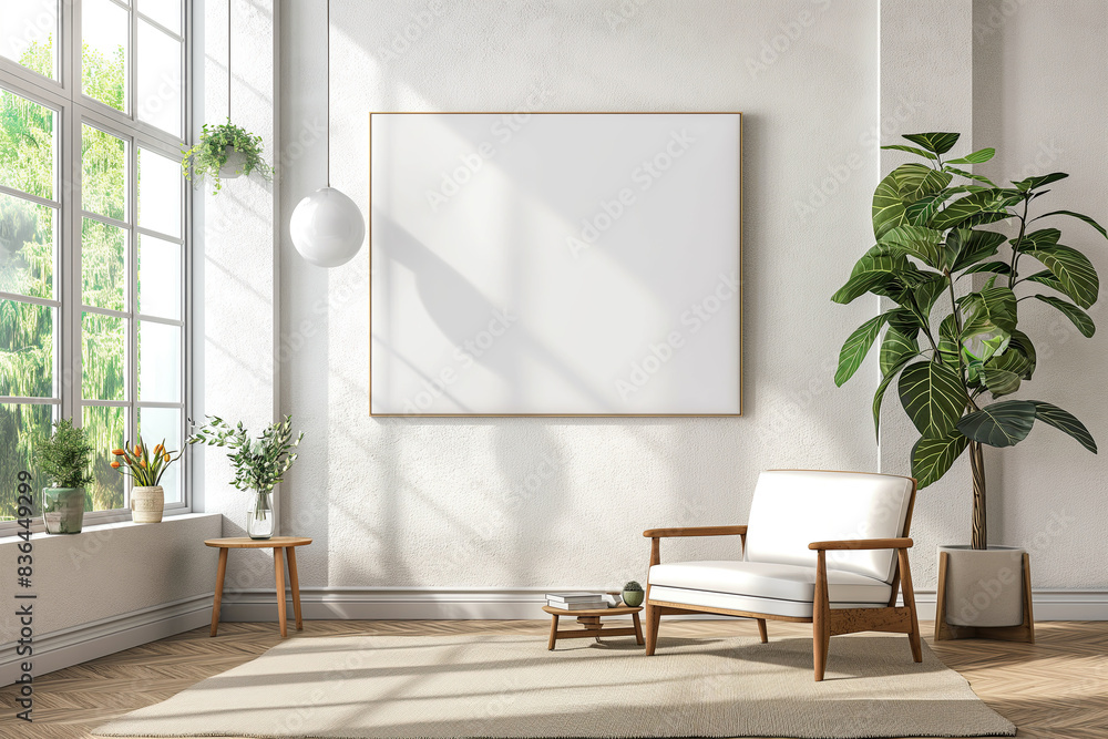 Contemporary living room with blank canvas, wooden chair, large potted plant, and sunlight through window; mockup Contemporary living room with blank canvas, wooden chair, large potted plant, and sunlight through window; mockup