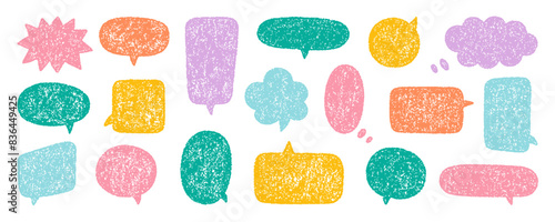 Chalk pencil speech bubbles doodle set. Crayon communication frame, comic talk balloon in sketch style, Grunge texture. Hand drawn vector illustration isolated on white background