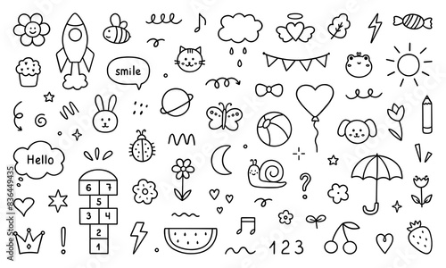 Cute kids elements, preschool kindergarten doodle icons set. Daycare, children drawings, flower, rainbow, cloud, sun, heart in sketch style. Hand drawn vector illustration isolated on white background
