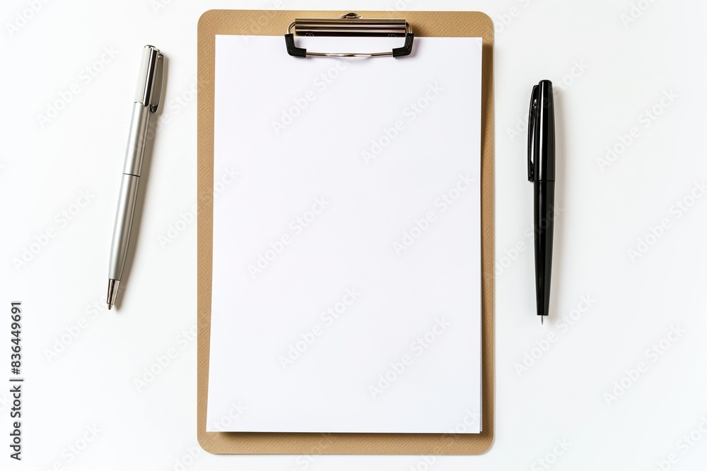 Blank white paper on a clipboard with two pens on a white background; mockup Blank white paper on a clipboard with two pens on a white background; mockup