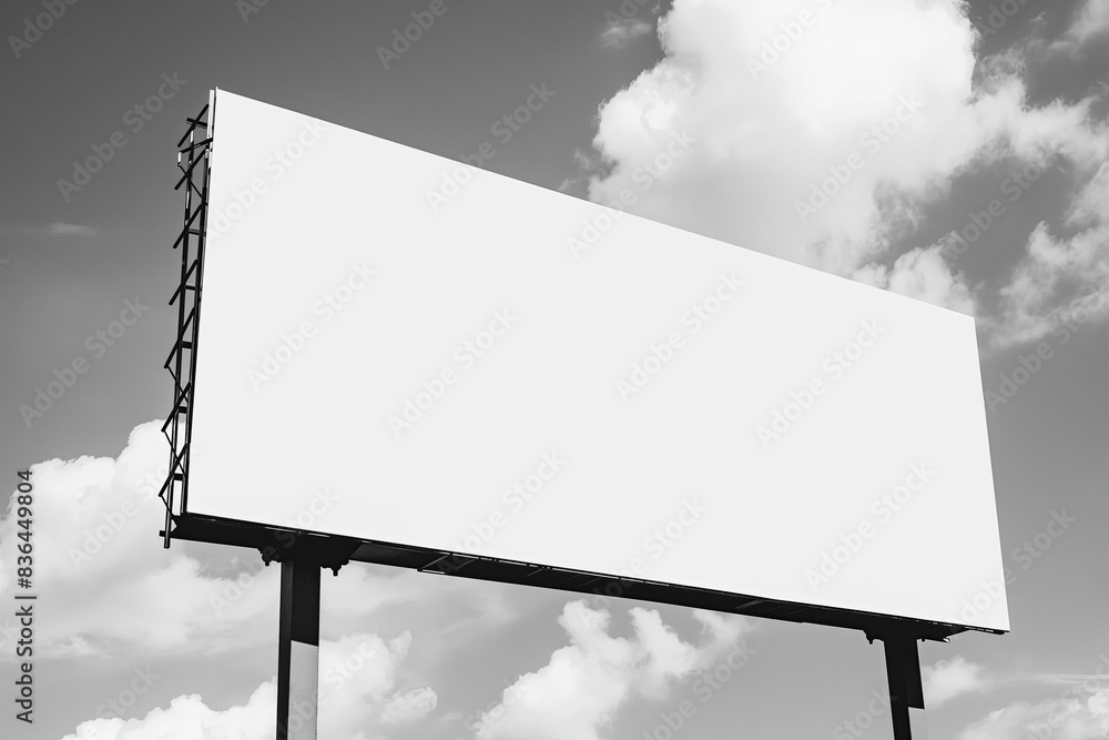 Obraz premium Large blank billboard against a cloudy sky background, monochrome black and white; mockup
