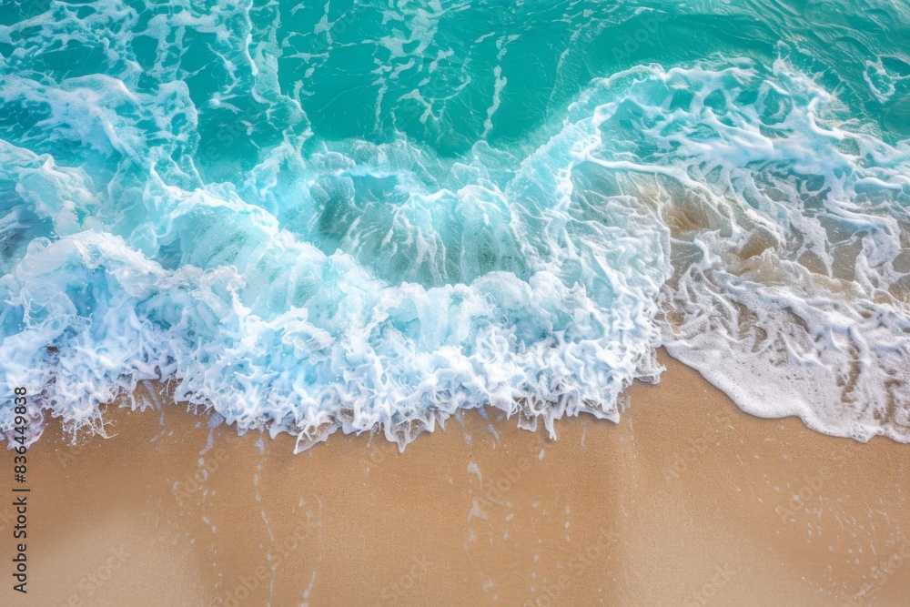 Naklejka premium Sandy beach and soft blue ocean wave top view. Summer background